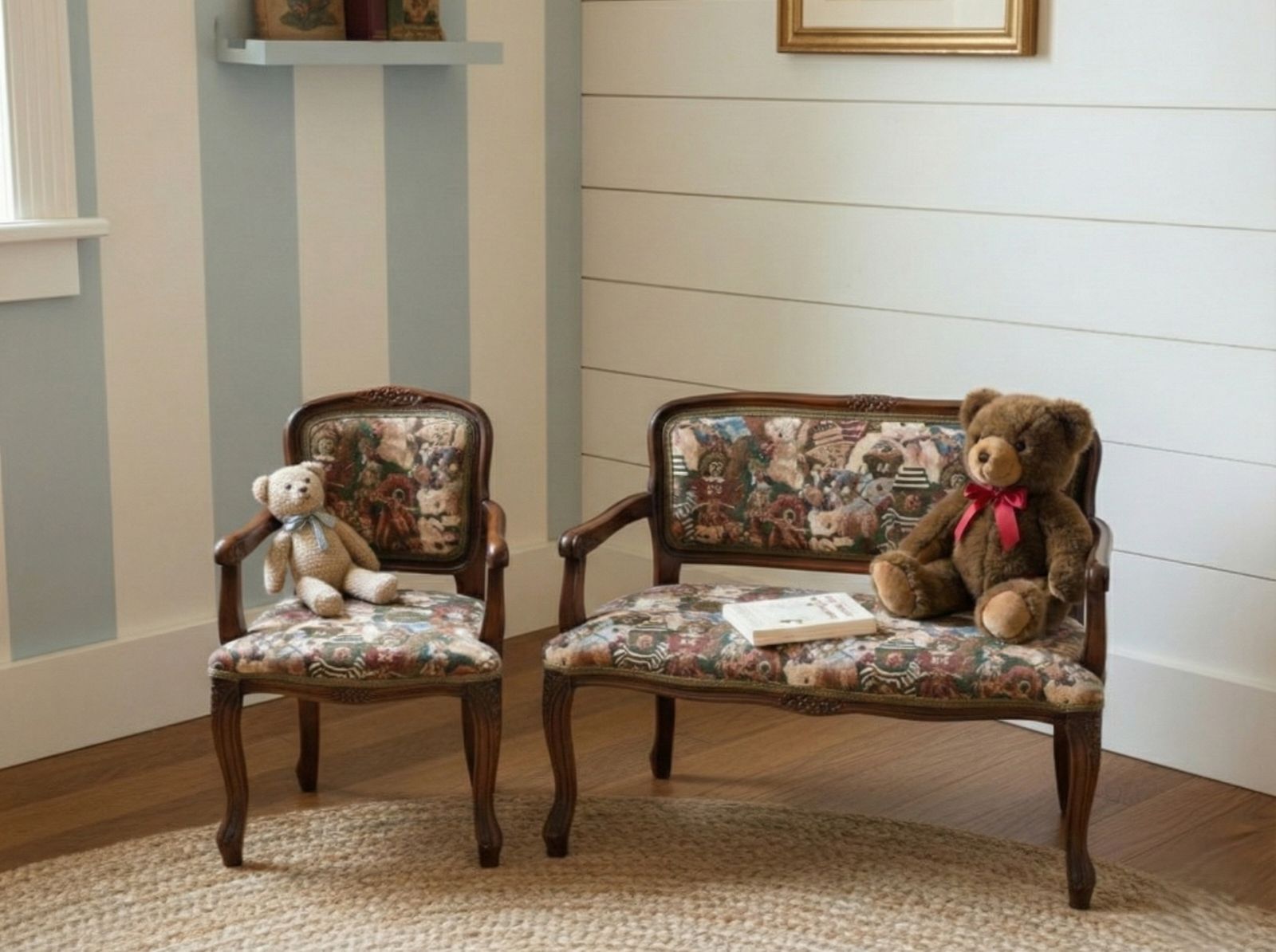 美品✨テディベア柄 子供椅子2脚 アンティーク イタリア製 IDC大塚家具購入 アンティーク調 テディベア柄 キッズチェア＆ベンチ 2