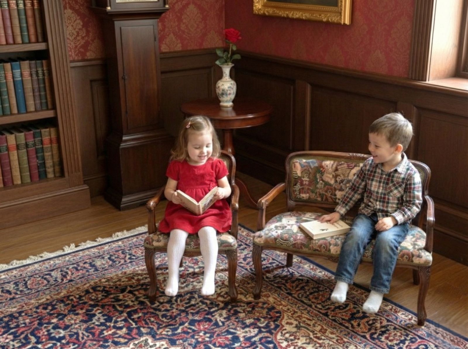 美品✨テディベア柄 子供椅子2脚 アンティーク イタリア製 IDC大塚家具購入 アンティーク調 テディベア柄 キッズチェア＆ベンチ 2