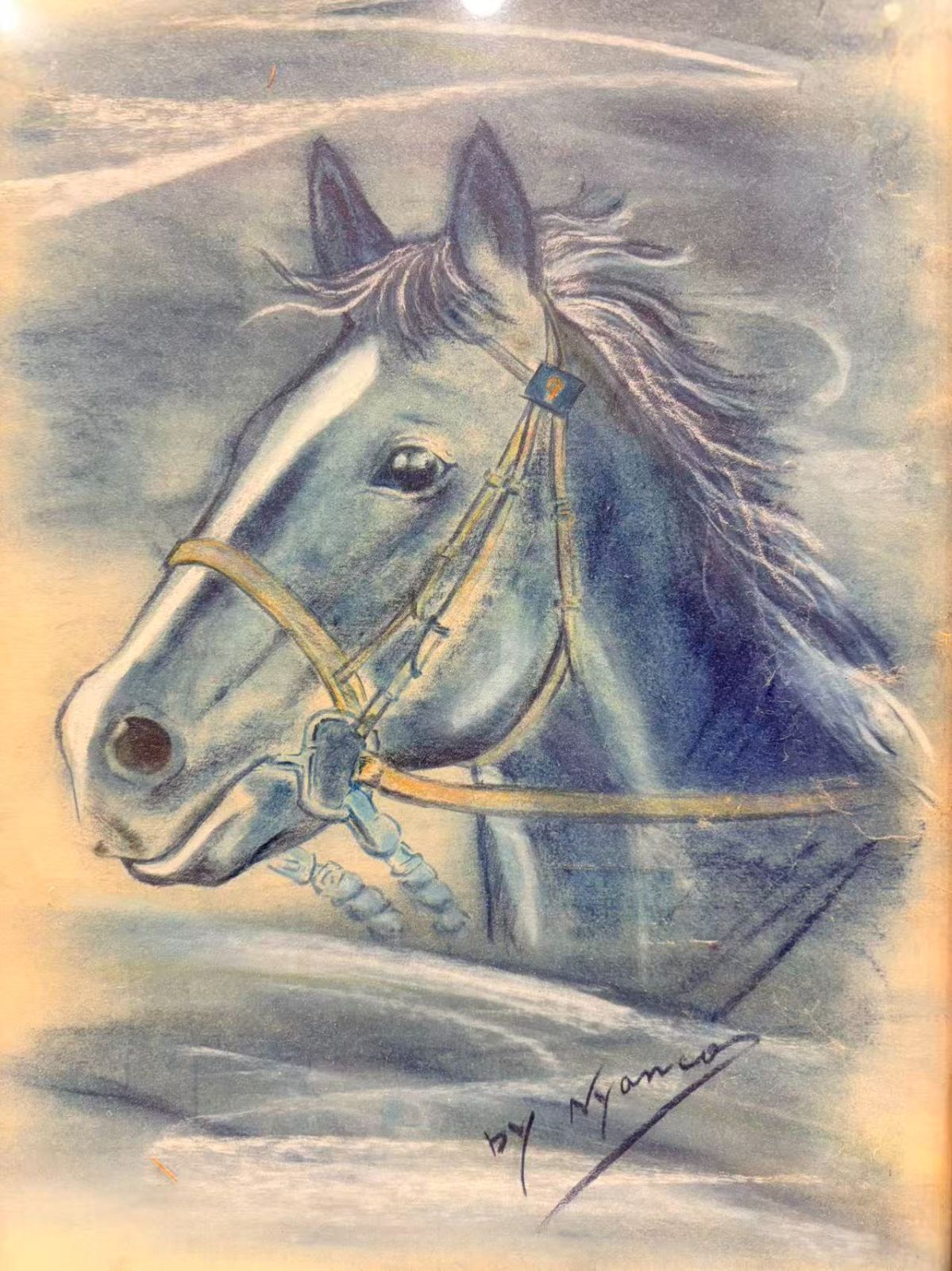 青色 馬の頭部 色鉛筆画 - メルカリ