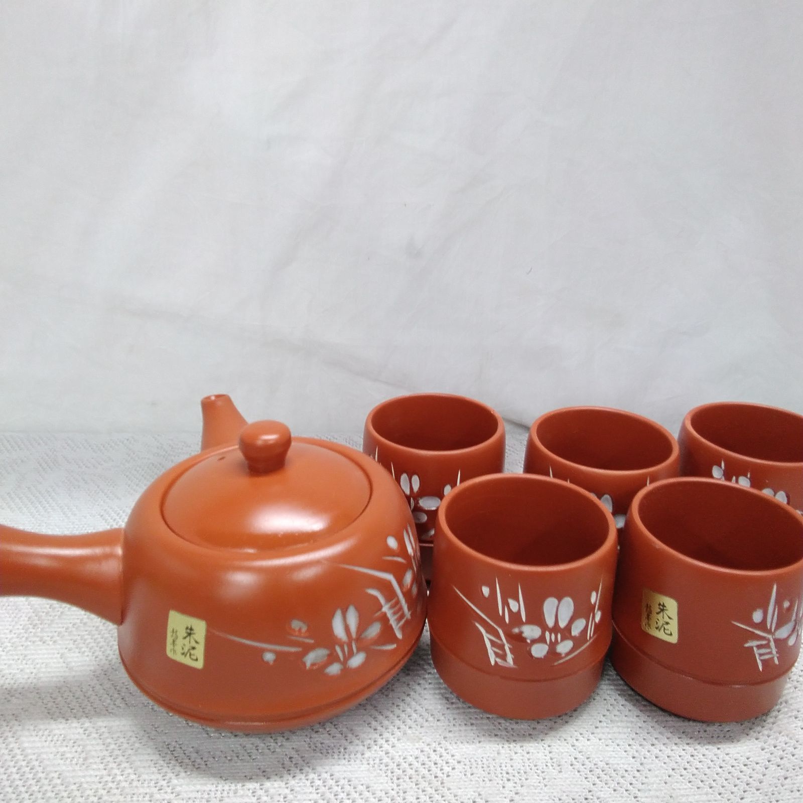 和食器 常滑焼 龍峰作 朱泥 茶器セット 急須(片手）＆湯呑み 6点セット