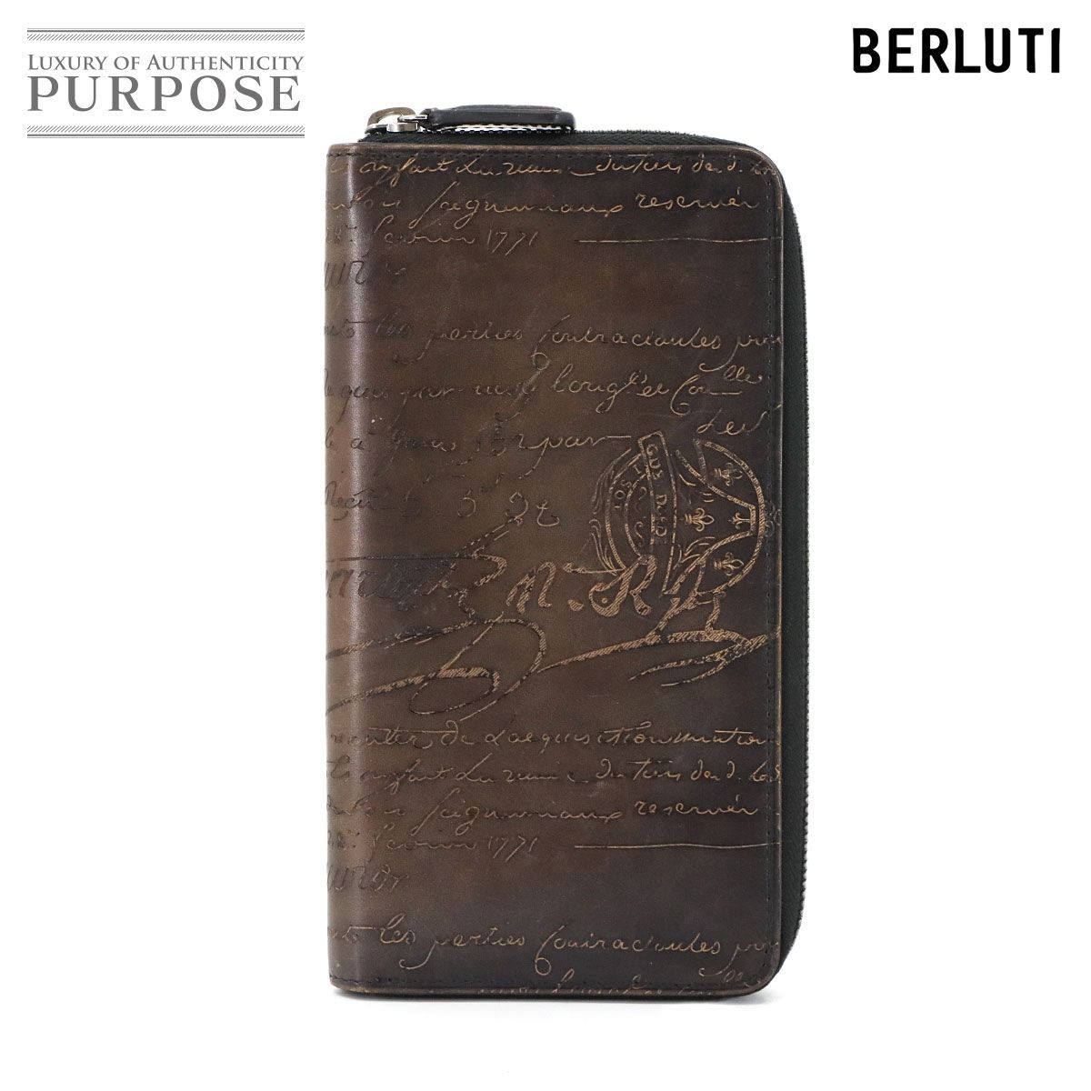 ベルルッティ Berluti カリグラフィ イタウバ ラウンドファスナー 長財布 ヴェネチアレザー ブラウン シルバー 金具 Long Wallet