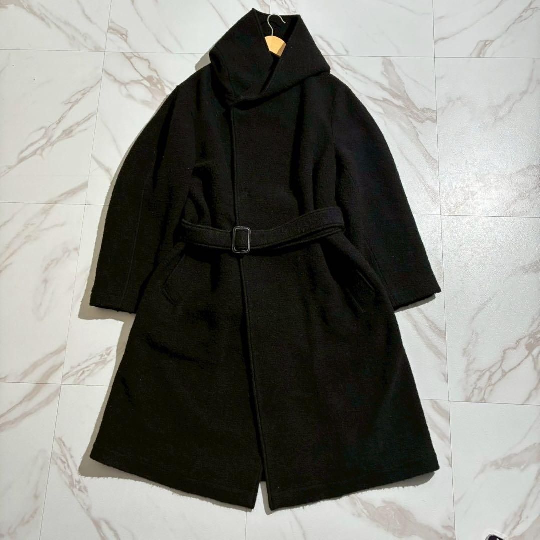 Yohji Yamamoto regulation MEN ヨウジヤマモトレギュレーションメン 2018 AW 2018年秋冬コレクション フーデッドコート ロングコート スナップボタン フード ベルト付き ウール ブラック 黒 L位 メンズ 近年モデル