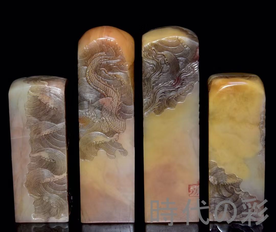 中国古美術 旧蔵 寿山石田黄石 四大神獣セット 篆刻 清代 唐物 骨董