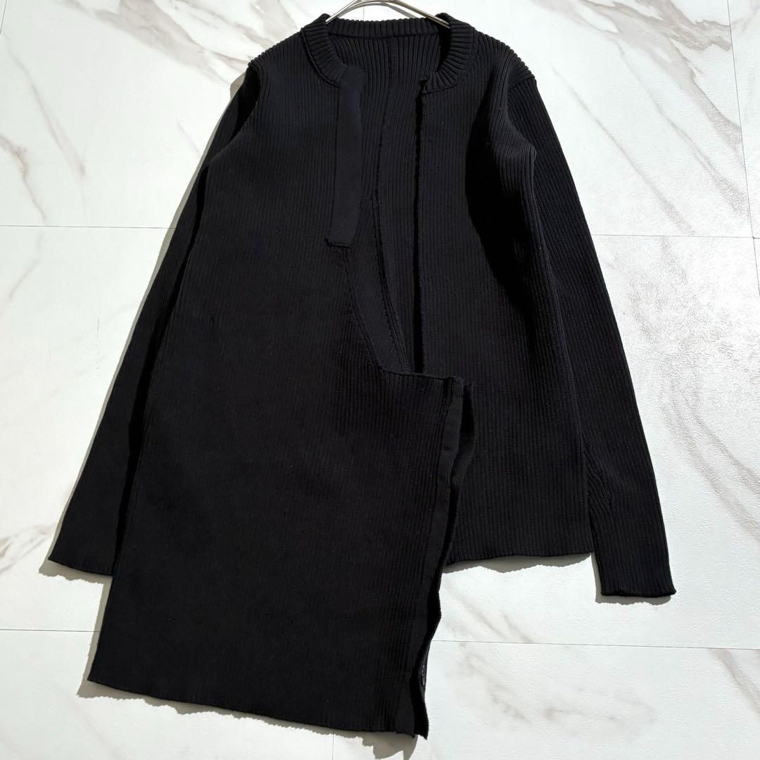 極美品 Yohji Yamamoto +Noir ヨウジヤマモトプリュスノアール 2020AW 2020年秋冬コレクション アシンメトリー 変形 ロング丈 ニットジャケット ノーカラージャケット カーディガン ブラック 黒 2サイズ レディース 近年モデル