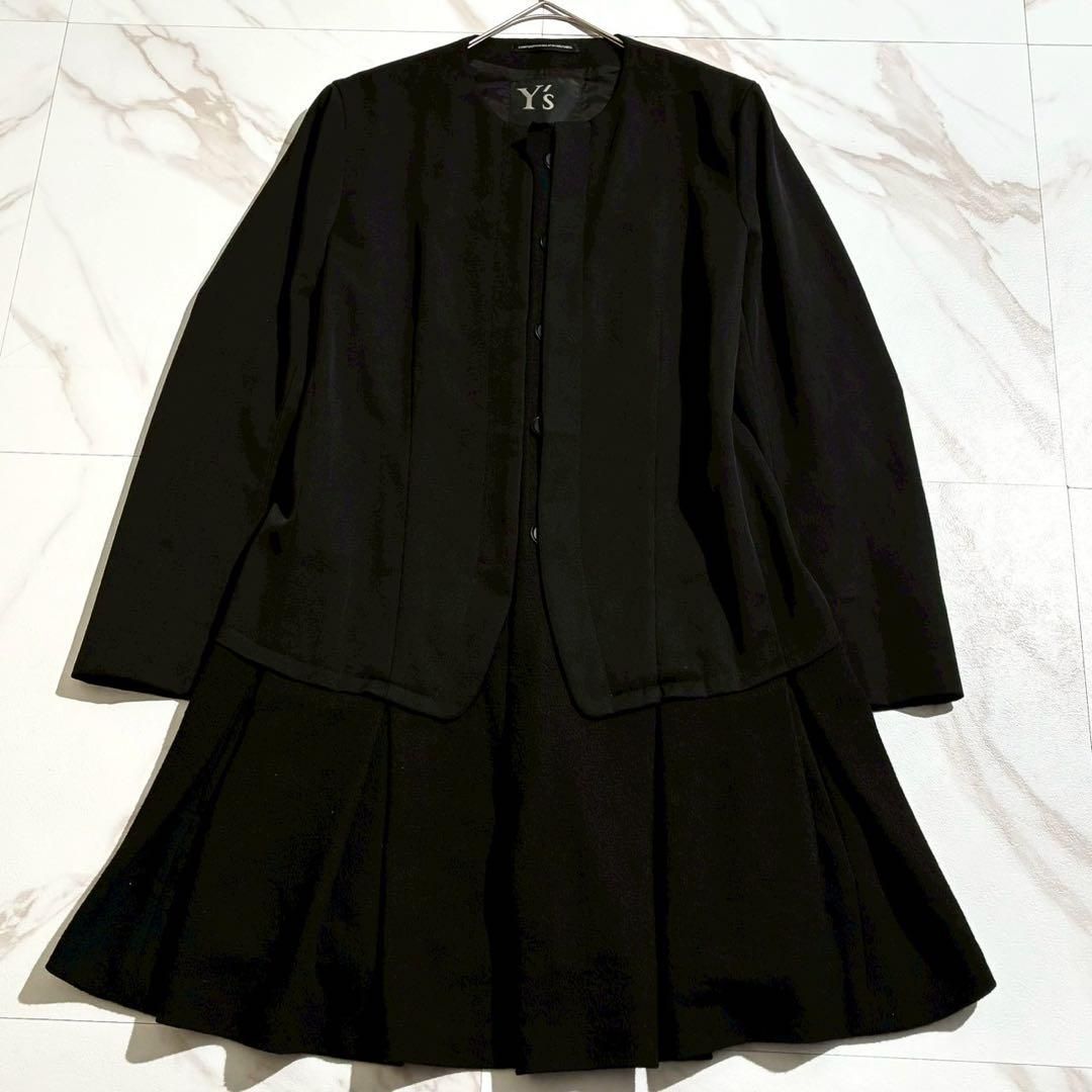 Y s ワイズ Yohji Yamamoto ヨウジヤマモト ウールギャバジン レイヤード バックプリーツ ノーカラージャケット テーラードジャケット ブラック 黒 Mサイズ相当 レディース
