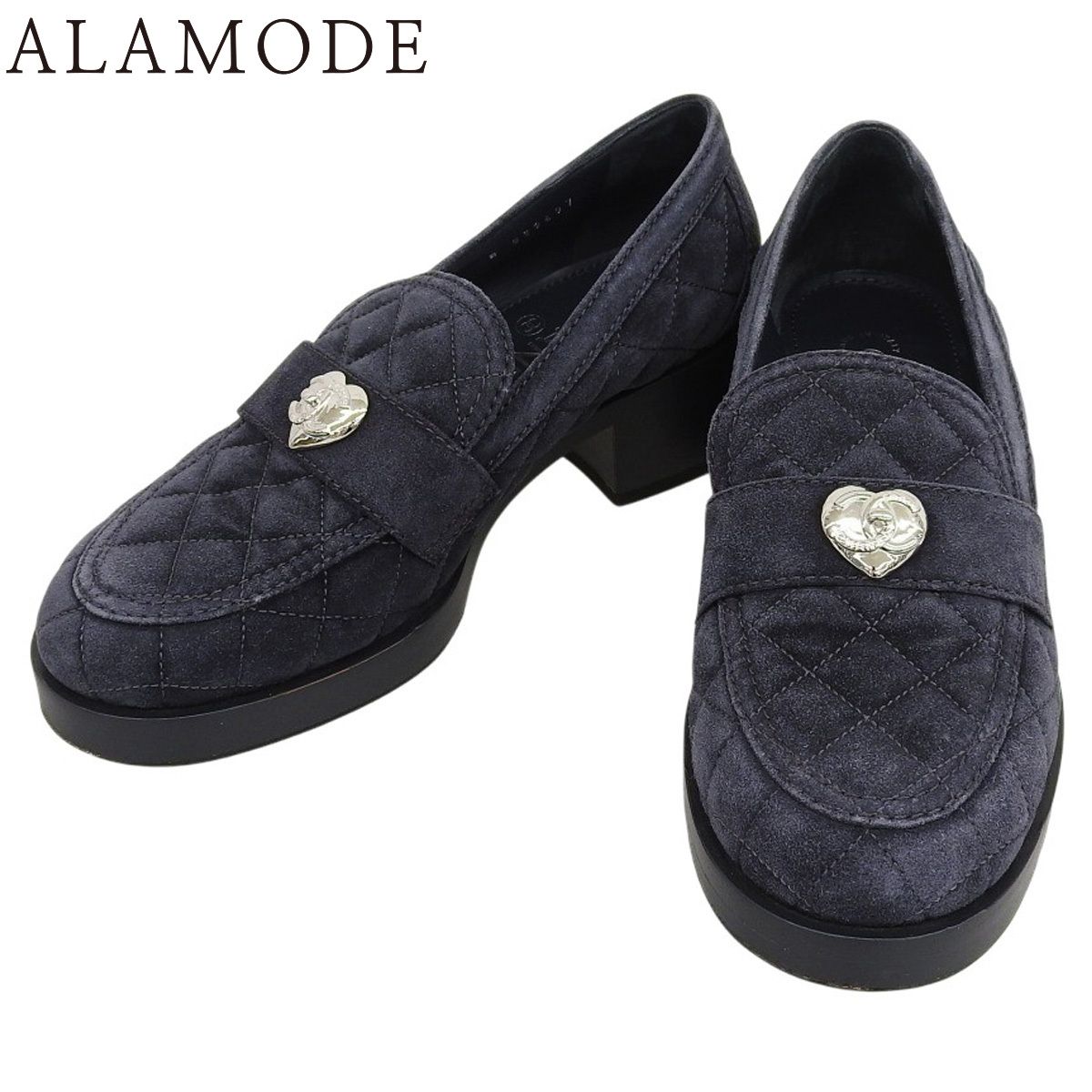 CHANEL シャネル マトラッセ ココマークハートローファー フラットシューズ ローファー アパレル 靴 くつ シューズ 厚底 38 C スウェード スエード ネイビー紺 グレー シルバー金具 G 39697 レディース アラモード