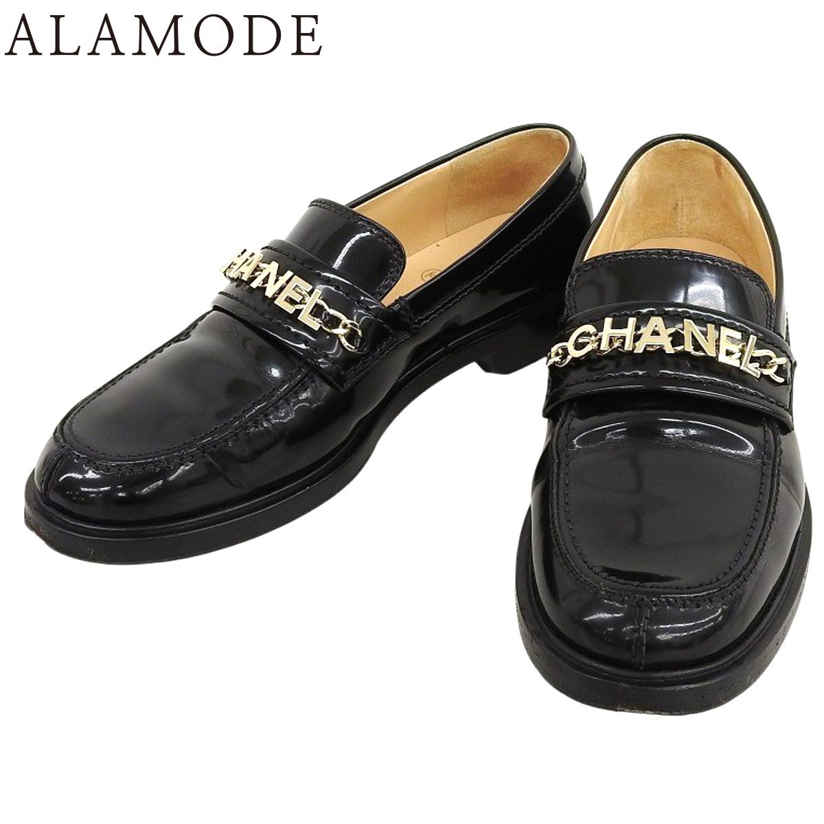 CHANEL シャネル ココマーク チェーンロゴ ローファー フラットシューズ|ローファー アパレル 靴 くつ シューズ 37 1|2 C パテントレザー|エナメル ブラック黒 シャンパンゴールド金具 G 37430 アラモード
