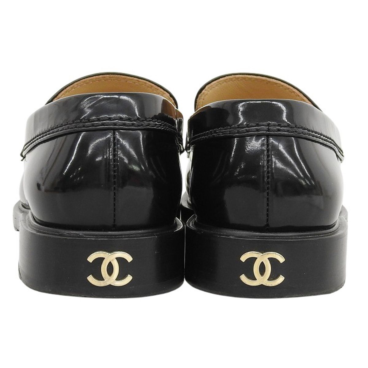 CHANEL シャネル ココマーク チェーンロゴ ローファー フラットシューズ アパレル 靴 くつ シューズ 37 1 2 C パテントレザー エナメル ブラック黒 シャンパンゴールド金具 G 37430 アラモード