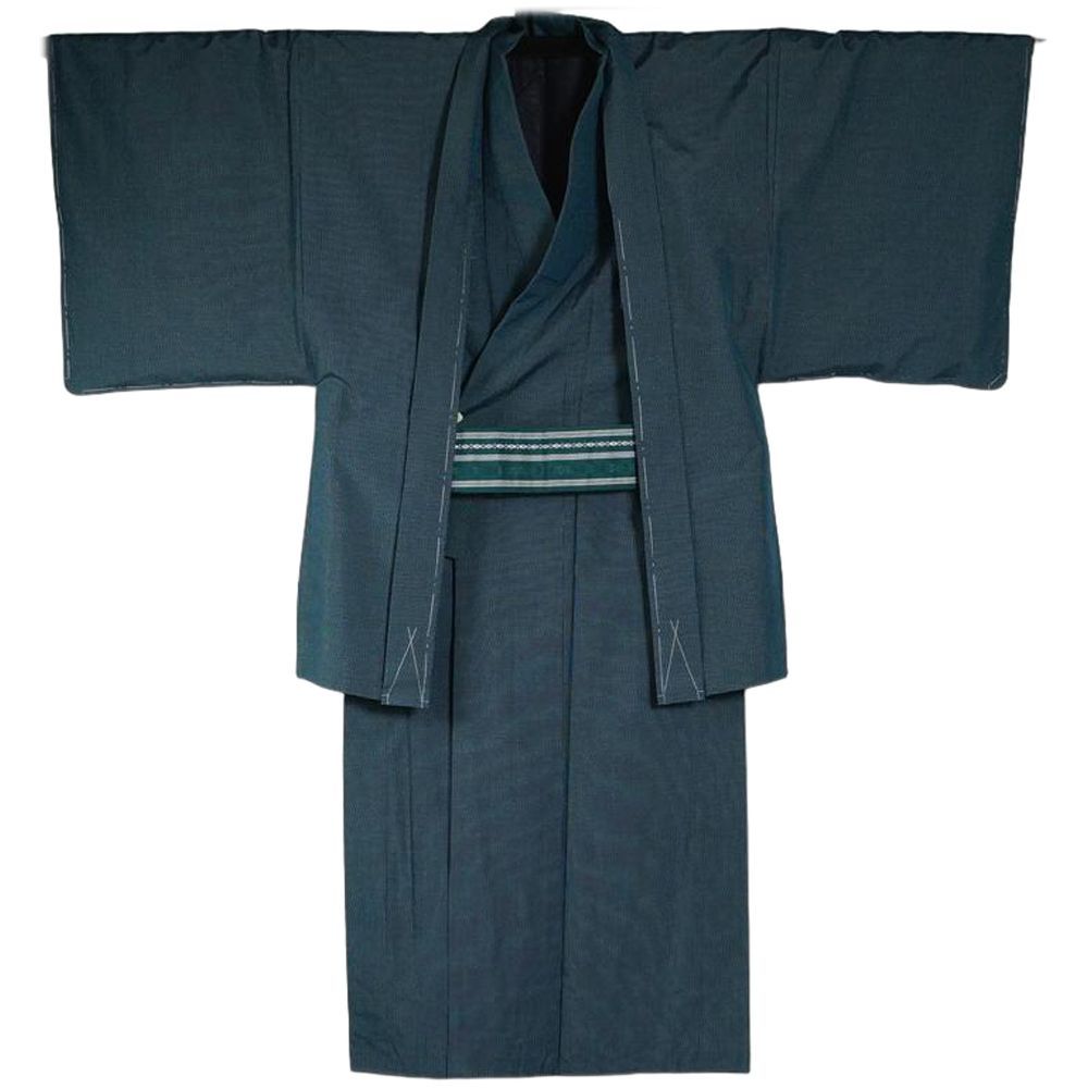 男着物 紬 アンサンブル 着物 羽織 長襦袢 角帯 4点 セット 幾何学模様 濃紺色系 裄長 Mサイズ 正絹 メンズ メンズ着物 アウトレット リサイクル着物 男物