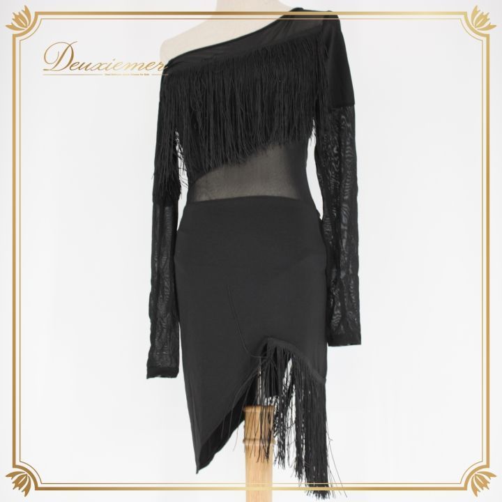 社交ダンス 衣装 ラテン ドレス ワンピース レッスンウェア パーティ衣装 オールシーズン 黒 アシメ ブラック系 フリンジ レース 透け感 長袖 ラテンステージ衣装 フリンジドレス エレガント身体のラインを強調 ショート丈 サマーイベント デザイン性高い