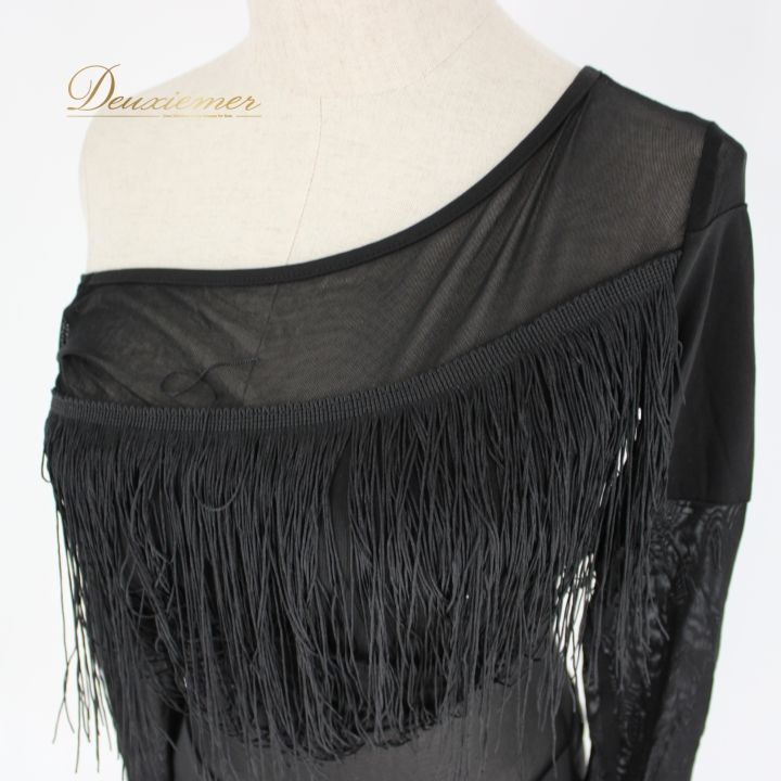 社交ダンス 衣装 ラテン ドレス ワンピース レッスンウェア パーティ衣装 オールシーズン 黒 アシメ ブラック系 フリンジ レース 透け感 長袖 ラテンステージ衣装 フリンジドレス エレガント身体のラインを強調 ショート丈 サマーイベント デザイン性高い