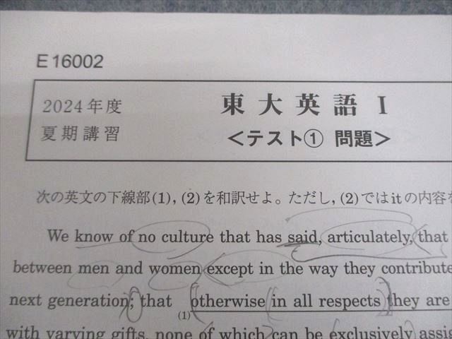 駿台 東京大学 東大英語I(読解) テキスト/テスト4回分付 2024 夏期