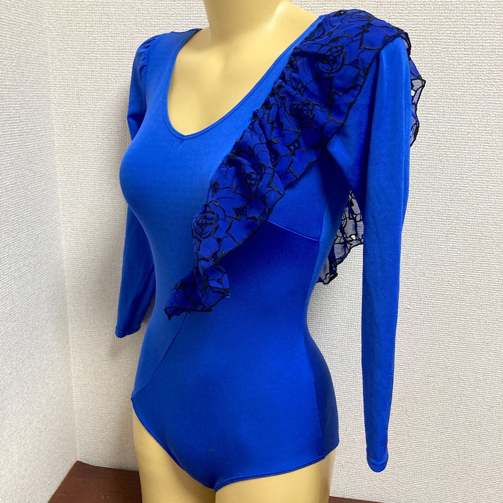 H528チャコット♪ブルーにフリルデザイン女子社交ダンスレオタード