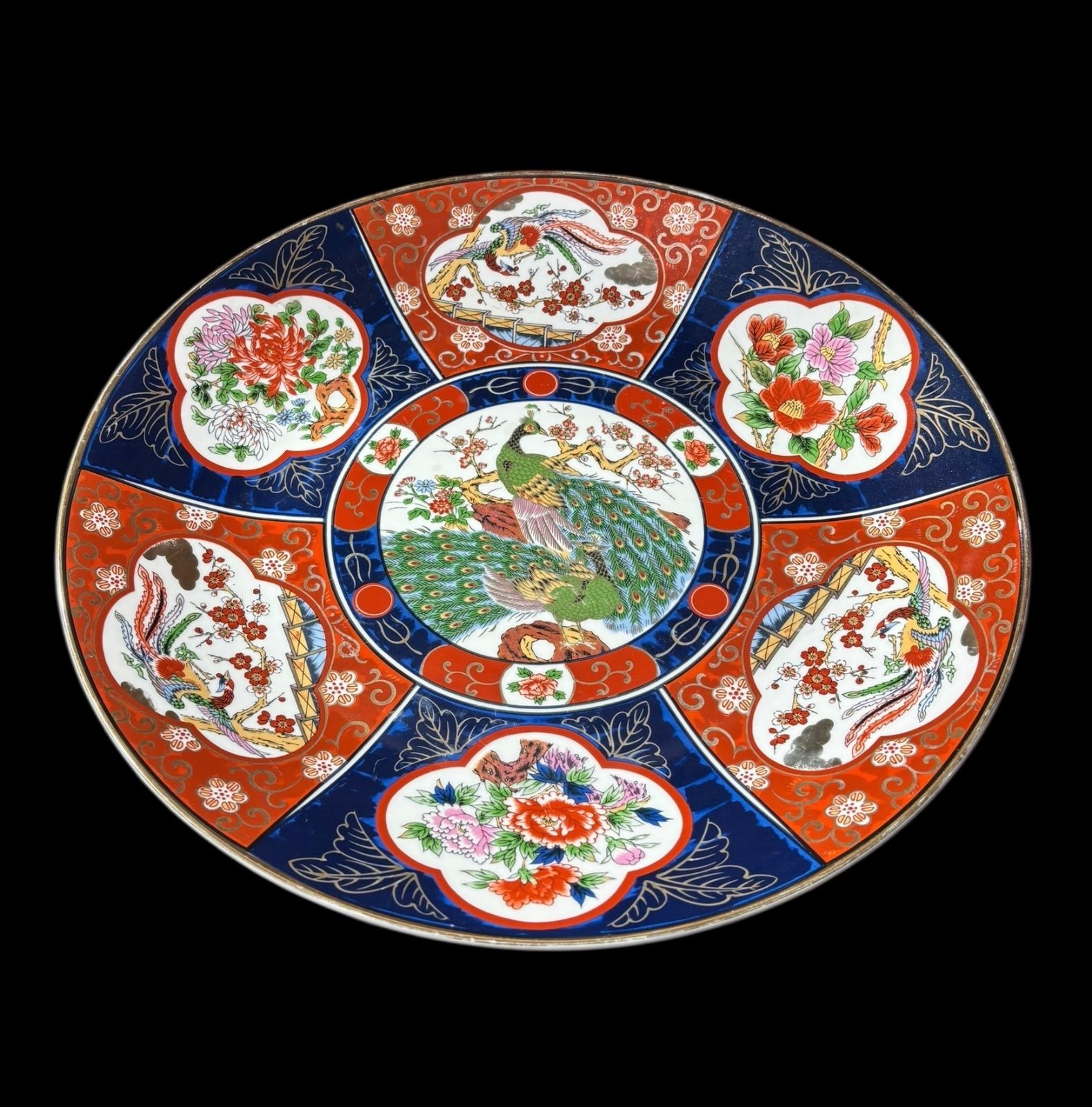 伊万里 秀峰作 孔雀梅草花文図 絵皿 大皿 丸皿 取り皿 飾り皿 和食器