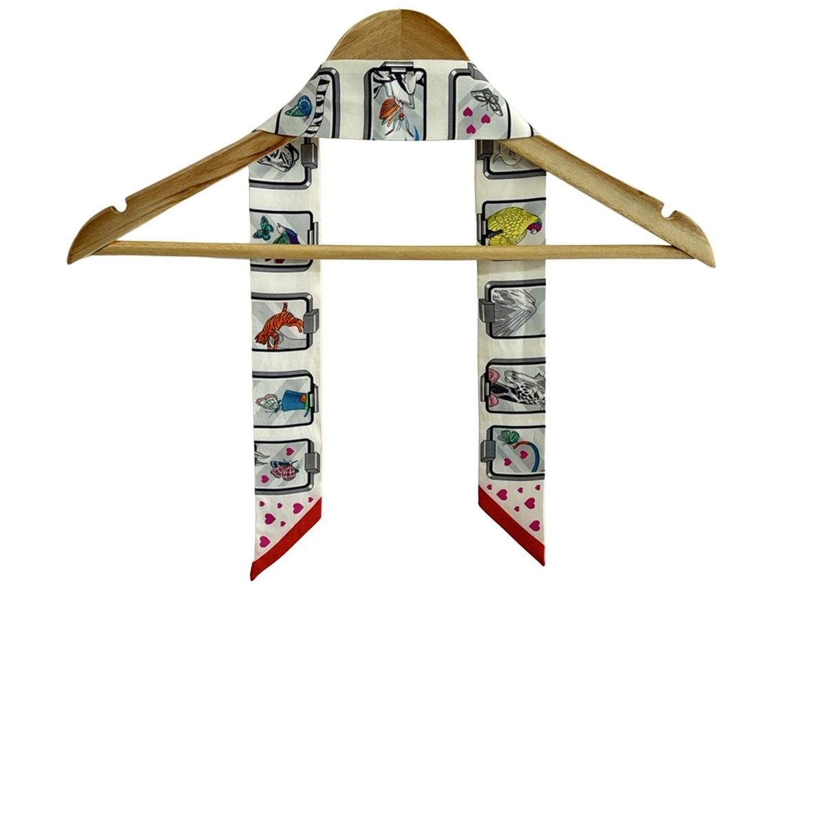 HERMES エルメス スカーフ ツイリー 白×黒×マルチ リボンスカーフ ハート うさぎ 馬 鳥 バタフライ 蝶