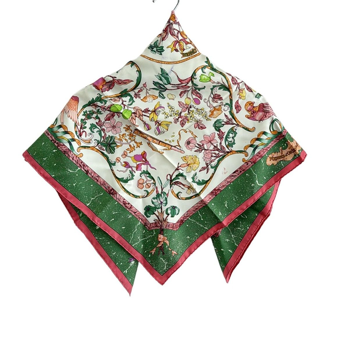 HERMES エルメス スカーフ カレ90 アイボリー×ピンク×マルチ PiERRES ｄ‘ORiENT et d OCCiDENT 鳥 花柄 バタフライ 蝶