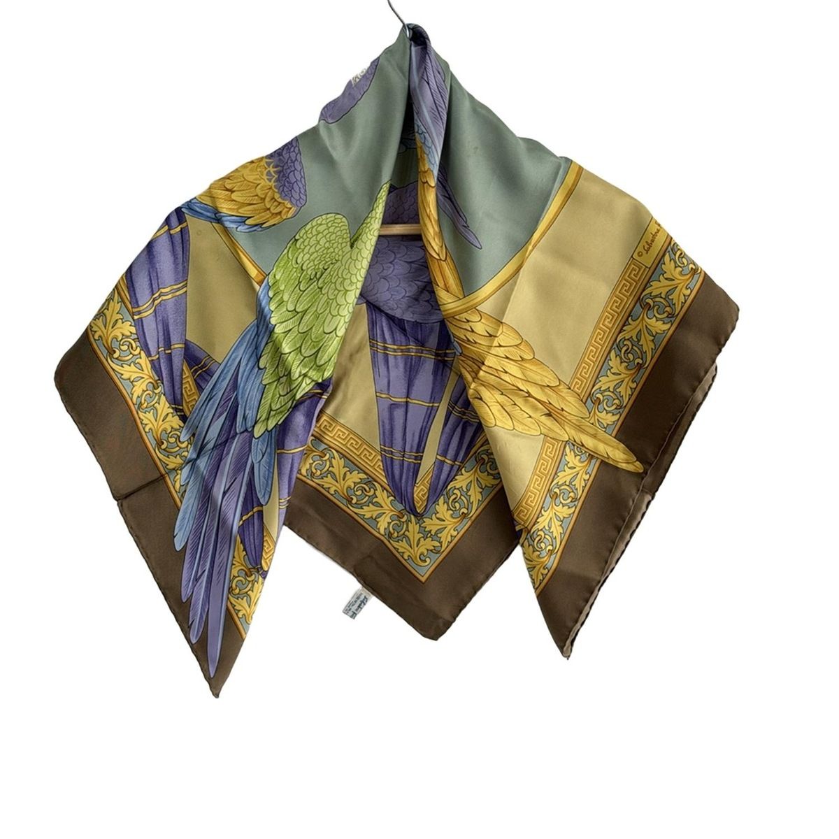 FERRAGAMO SalvatoreFerragamo サルバトーレフェラガモ スカーフ グレーベージュ ダークイエロー マルチ オウム