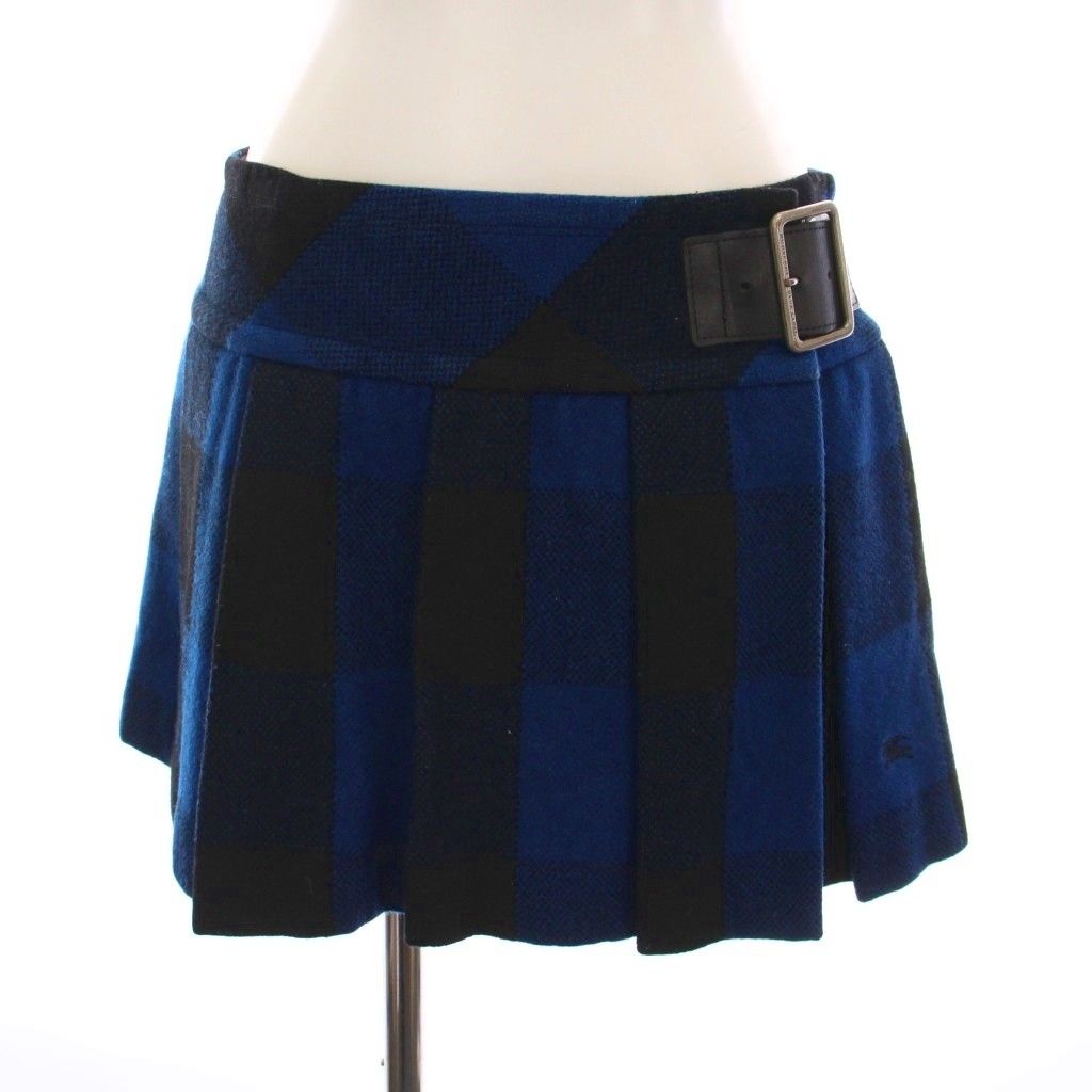 バーバリーブルーレーベル BLUE LABEL ラップスカート ミニ プリーツ チェック 38 青 ブルー 黒 ブラック E 1 S 36-251-22 |YM
