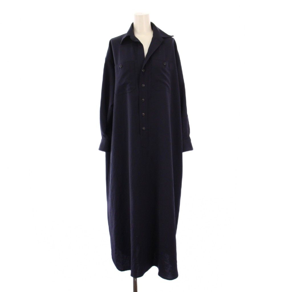 ブルーバードブルバード BLUEBIRD BOULEVARD シャツワンピース マキシ ロング 長袖 オープンカラー ハーフボタン ストレッチ S 紺 ネイビー |BB