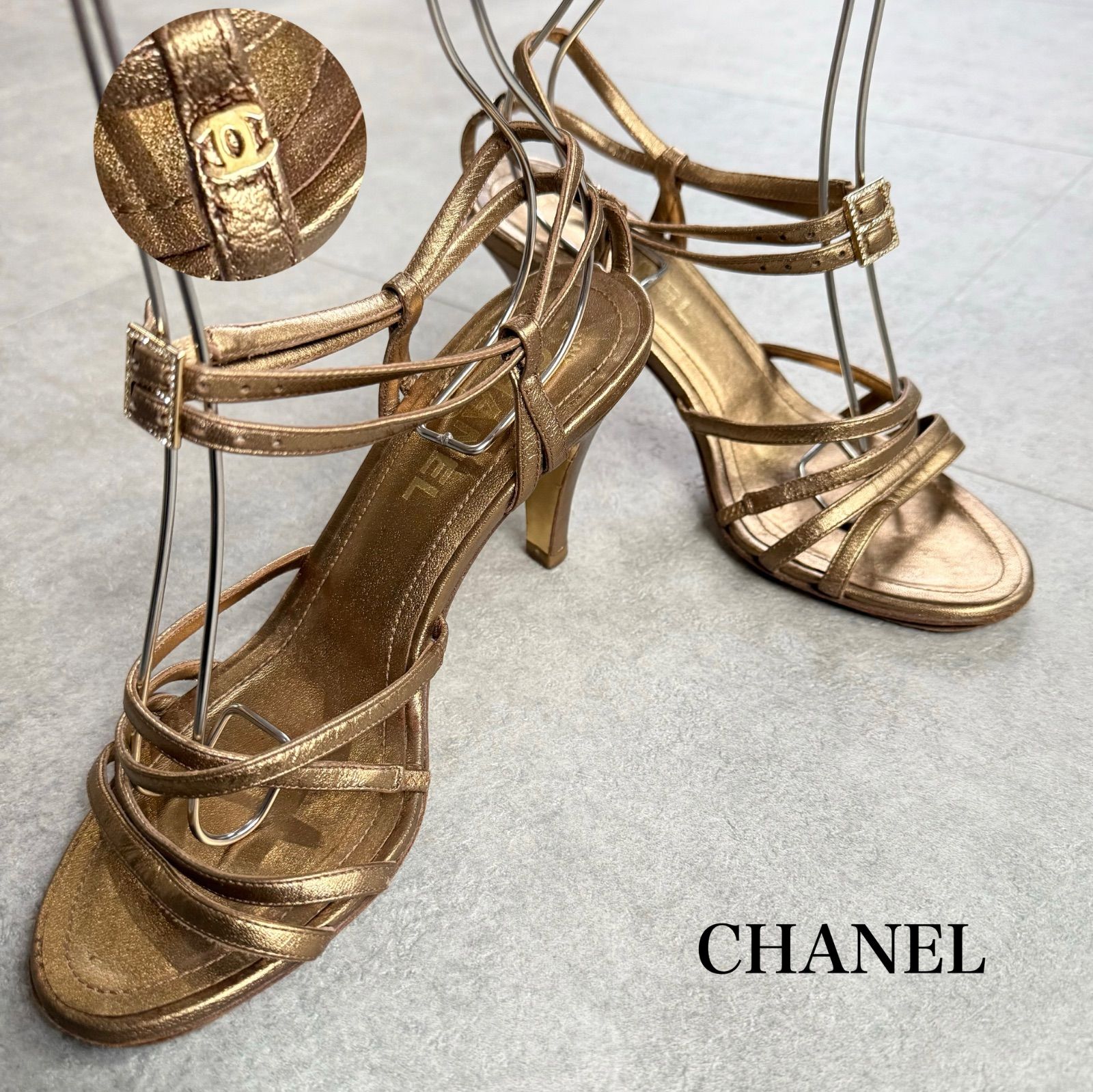 CHANEL シャネル ココマーク ストーン ストラップ サンダル ビジュー レザー ゴールド 35 C