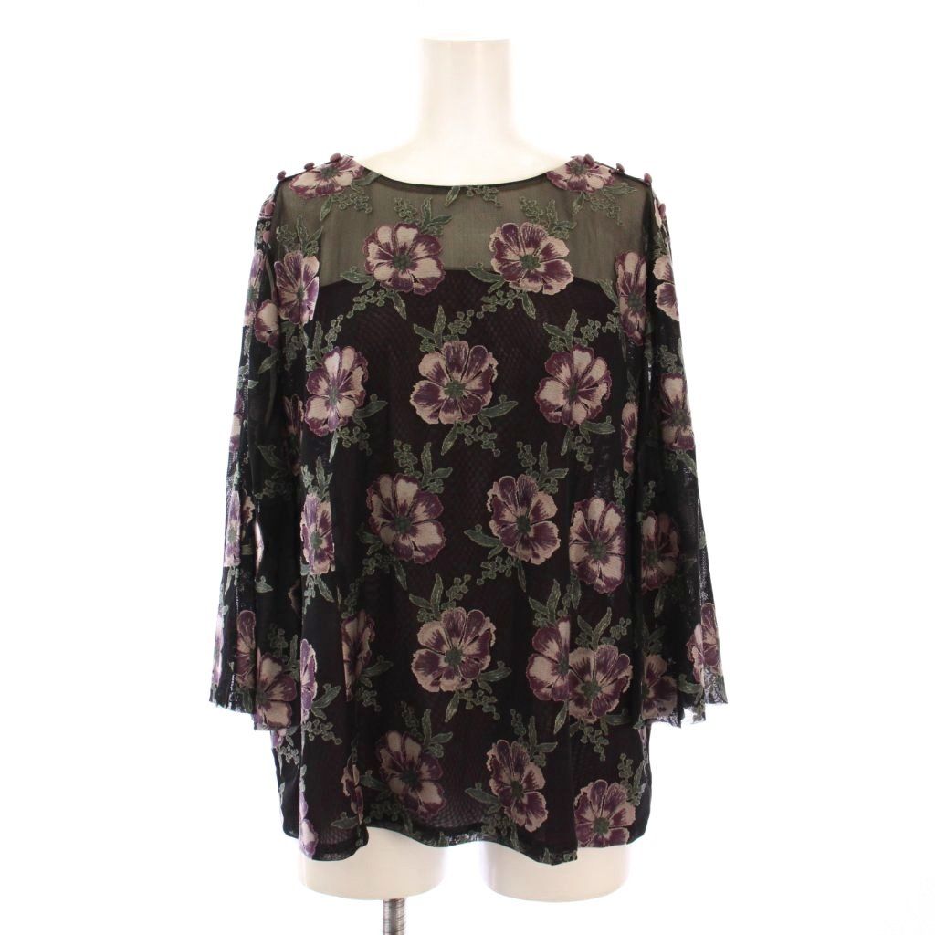 レリアン Leilian シャツ ブラウス プルオーバー 長袖 クルーネック ストレッチ シアー シースルー 花柄 17 黒 ブラック 紫 パープル BB