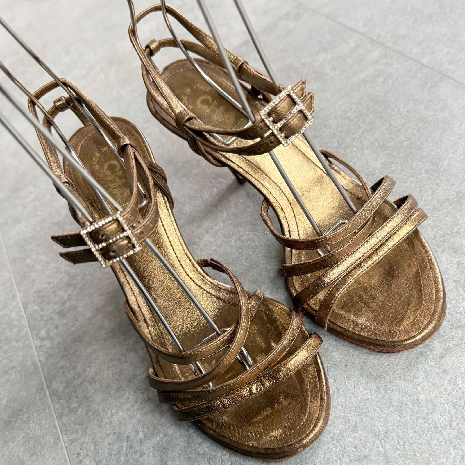 CHANEL シャネル ココマーク ストーン ストラップ サンダル ビジュー レザー ゴールド 35 C