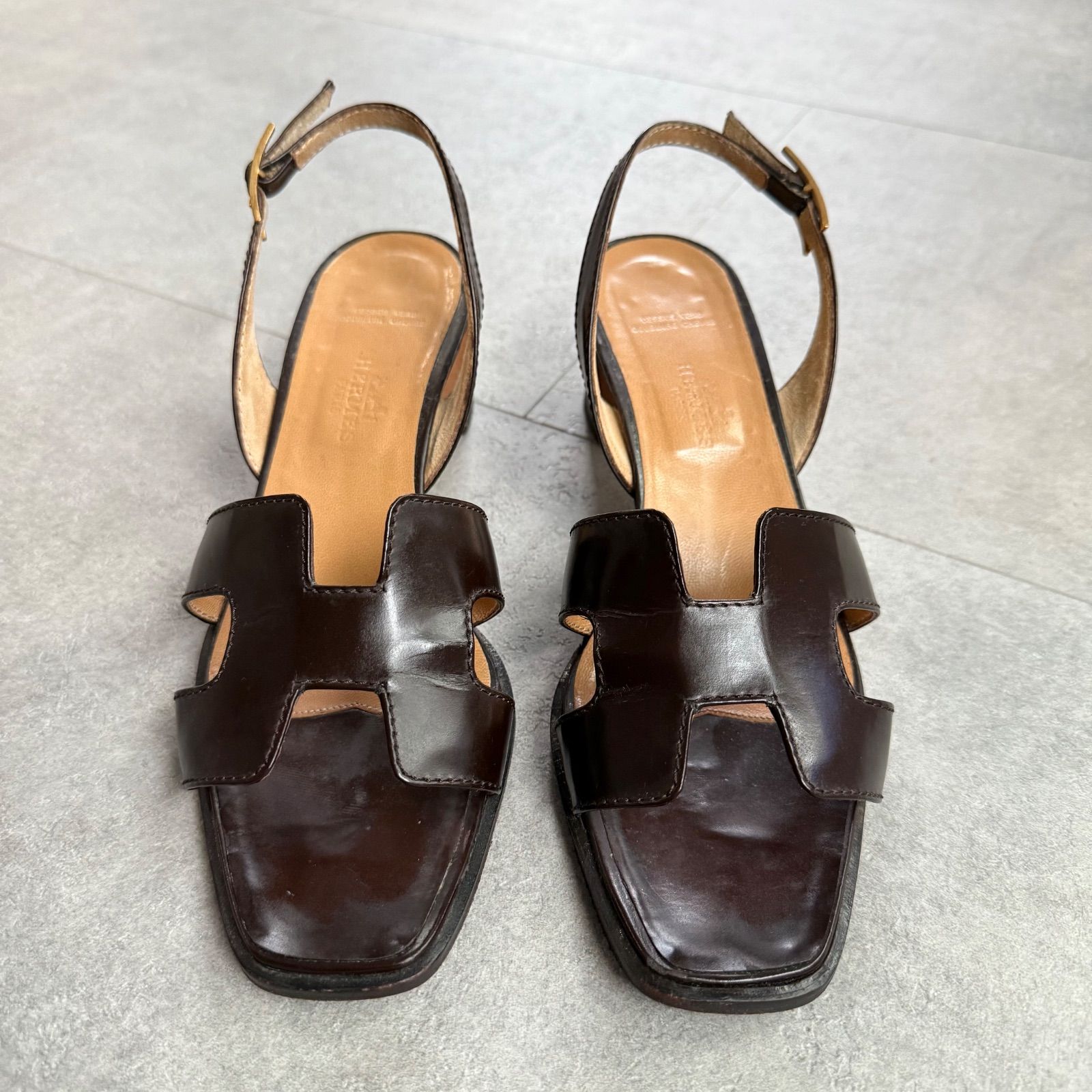 HERMES エルメス Hロゴ ストラップサンダル レザー ブラウン 37