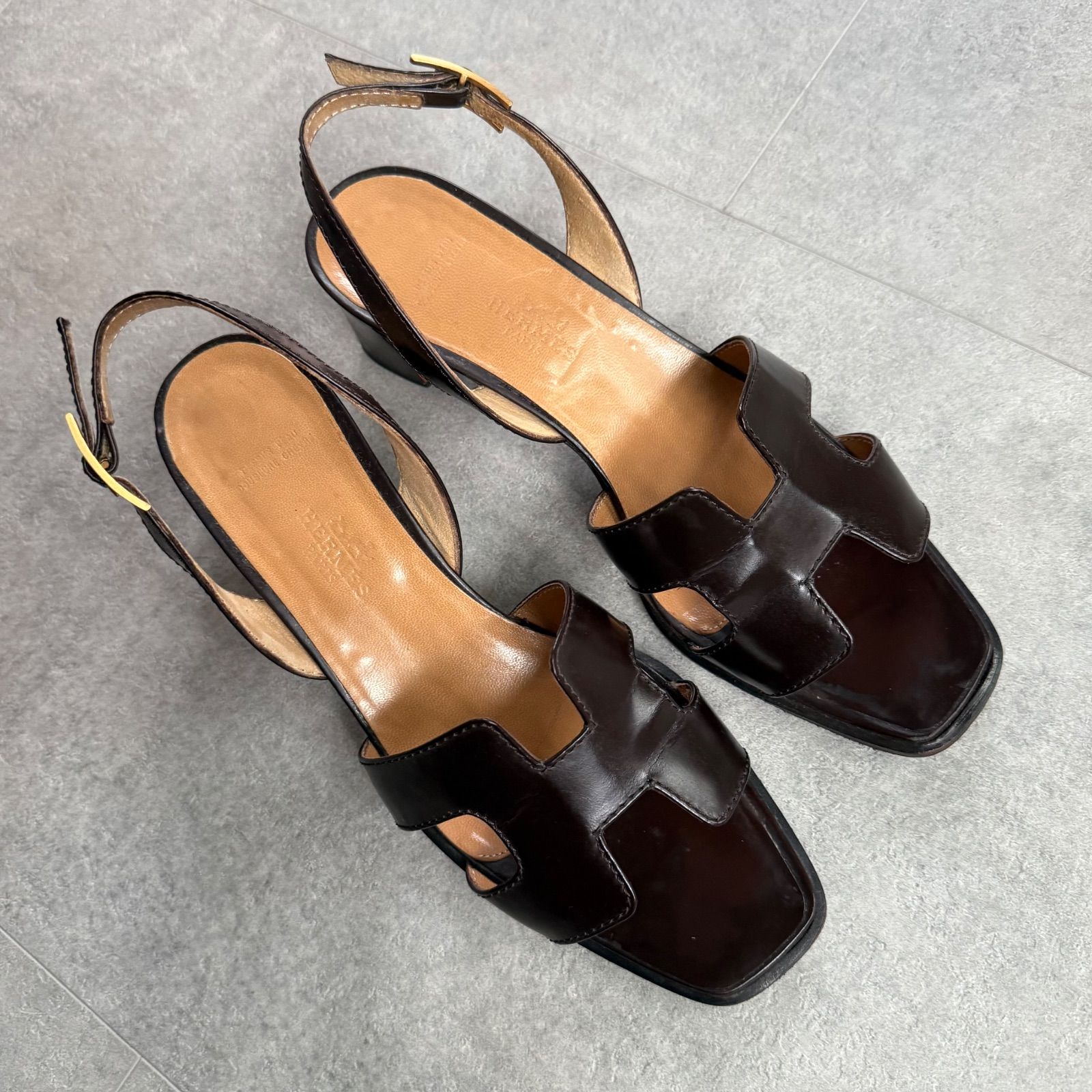 HERMES エルメス Hロゴ ストラップサンダル レザー ブラウン 37