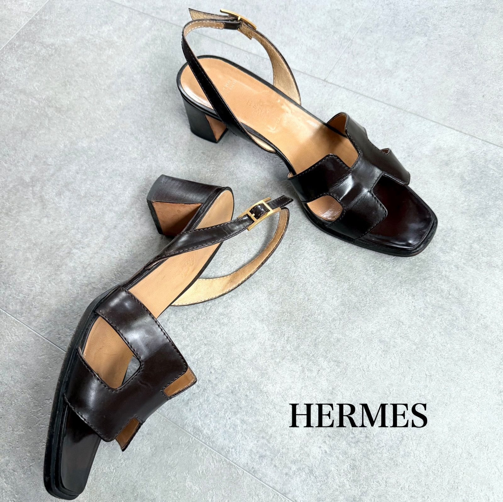 HERMES エルメス Hロゴ ストラップサンダル レザー ブラウン 37