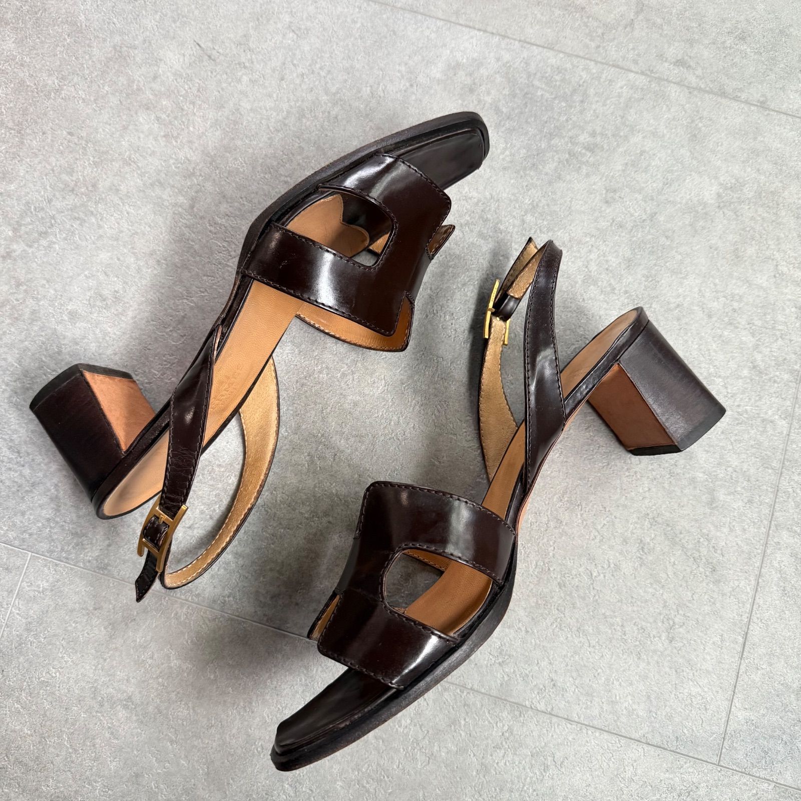 HERMES エルメス Hロゴ ストラップサンダル レザー ブラウン 37