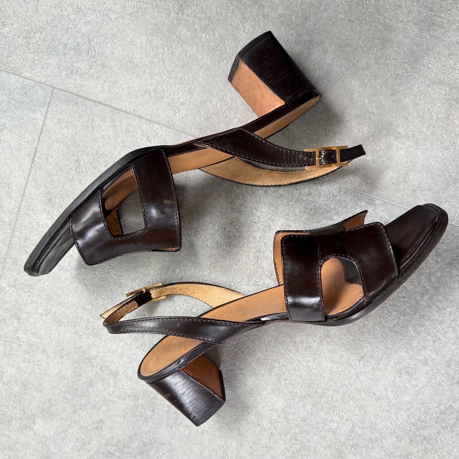 HERMES エルメス Hロゴ ストラップサンダル レザー ブラウン 37