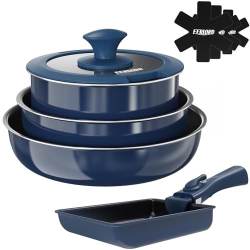 FERLORD フライパン セット 鍋 フライパンセット 9点 IH ガス対応 取っ手のとれる 卵焼き ダイヤモンドコート こげつかない 着脱式ハンドル 使いやすい お手入れ簡単 一人暮らし調理器具セット フェルトパッド付き ネイビーpo