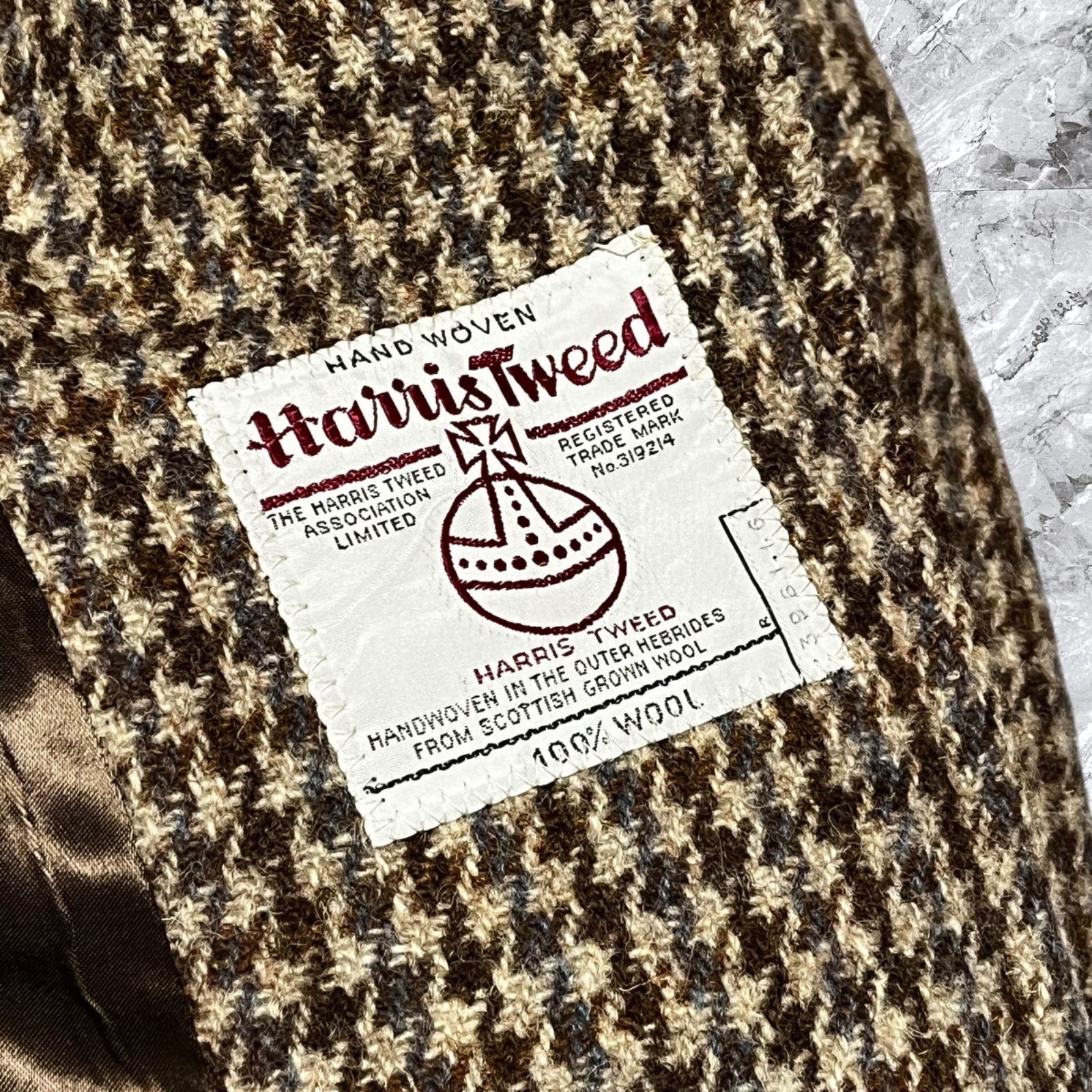 Harris Tweed ステンカラーコート ハウンドトゥース L 千鳥格子 Harris Tweed ハリスツイード ステンカラーコート ロングコート 千鳥格
