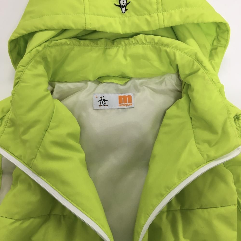 マンシングウェア フード付きダウンベスト ライトグリーン×白 ロゴ総柄