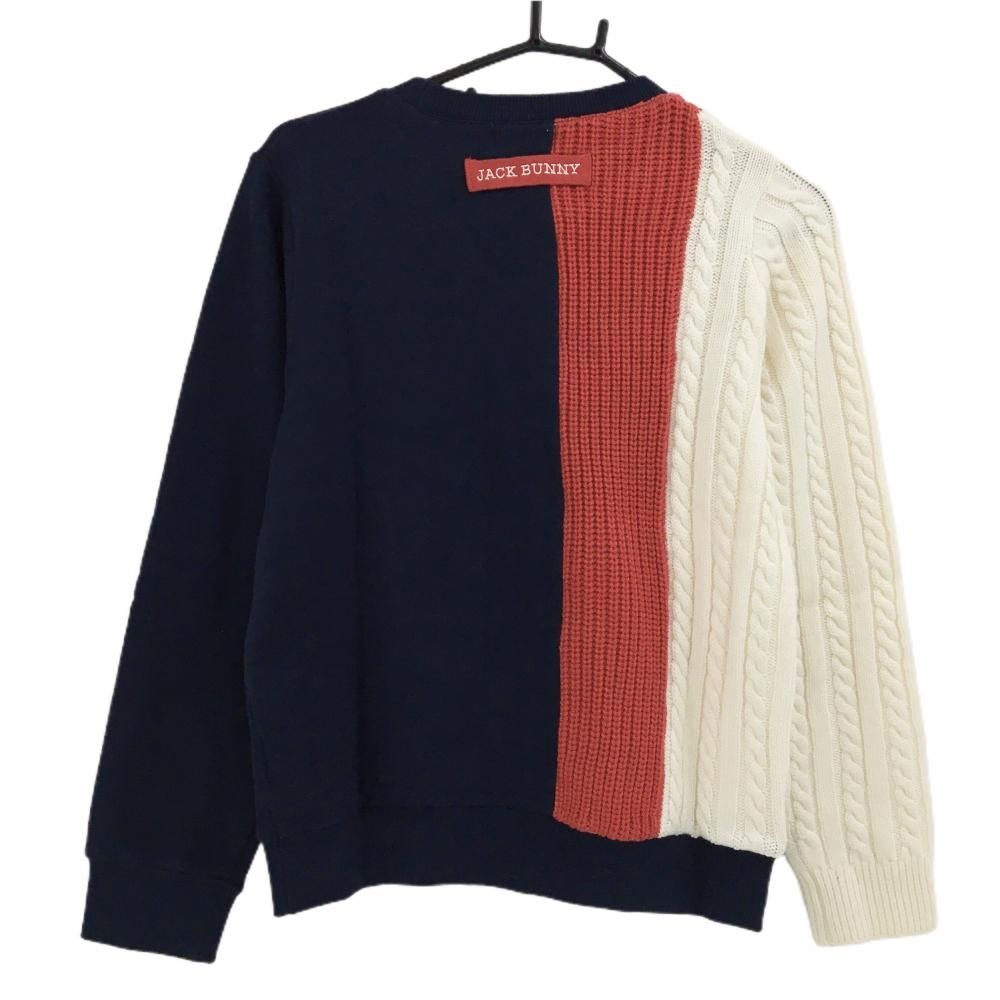 【美品】ジャックバニー 切替セーター ネイビー×白×レッド 片袖ケーブル編み  レディース 1(M) ゴルフウェア Jack Bunny