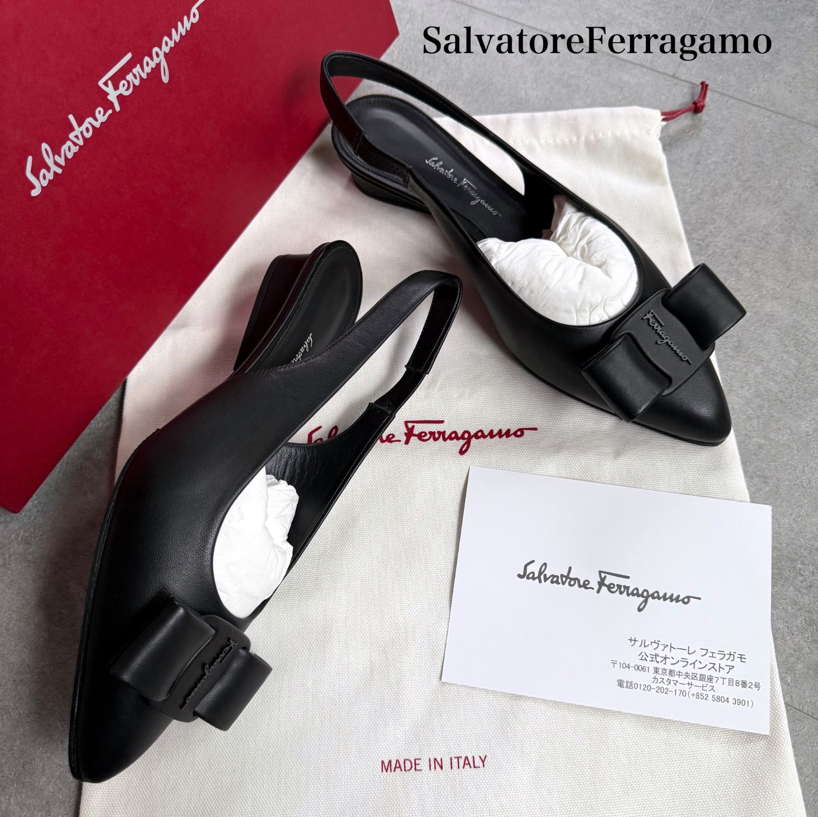 ♥ SalvatoreFerragamo サルヴァトーレフェラガモ VIVA スリングバックパンプス ブラック 黒 レザー 7 1|2 D レディースシューズ 24.5 cm ヴァラリボン