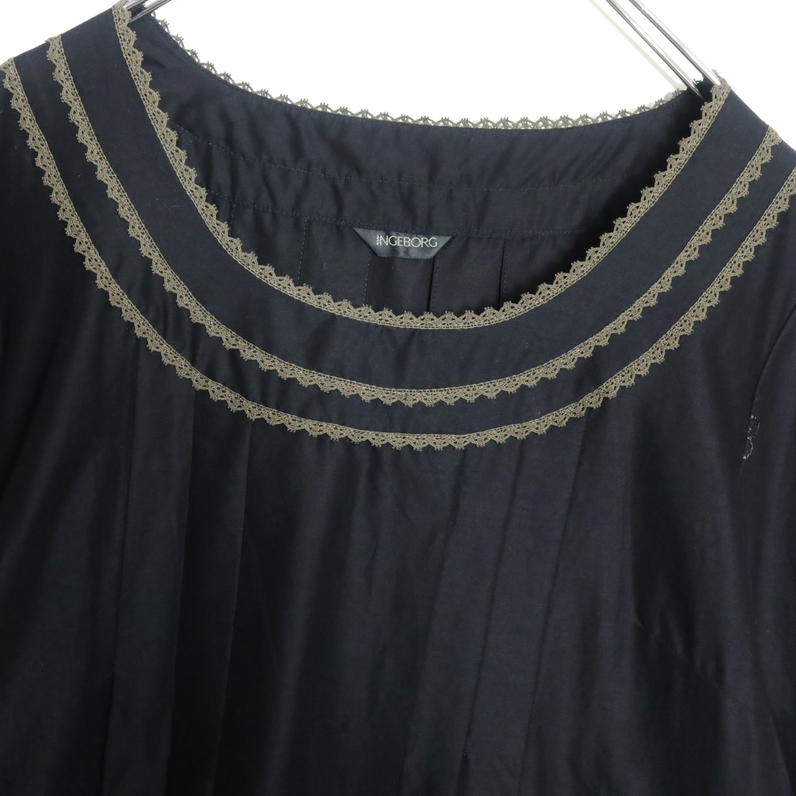極美品】インゲボルグ☆綿ローン 七分袖ワンピース 大きいサイズ11 黒 