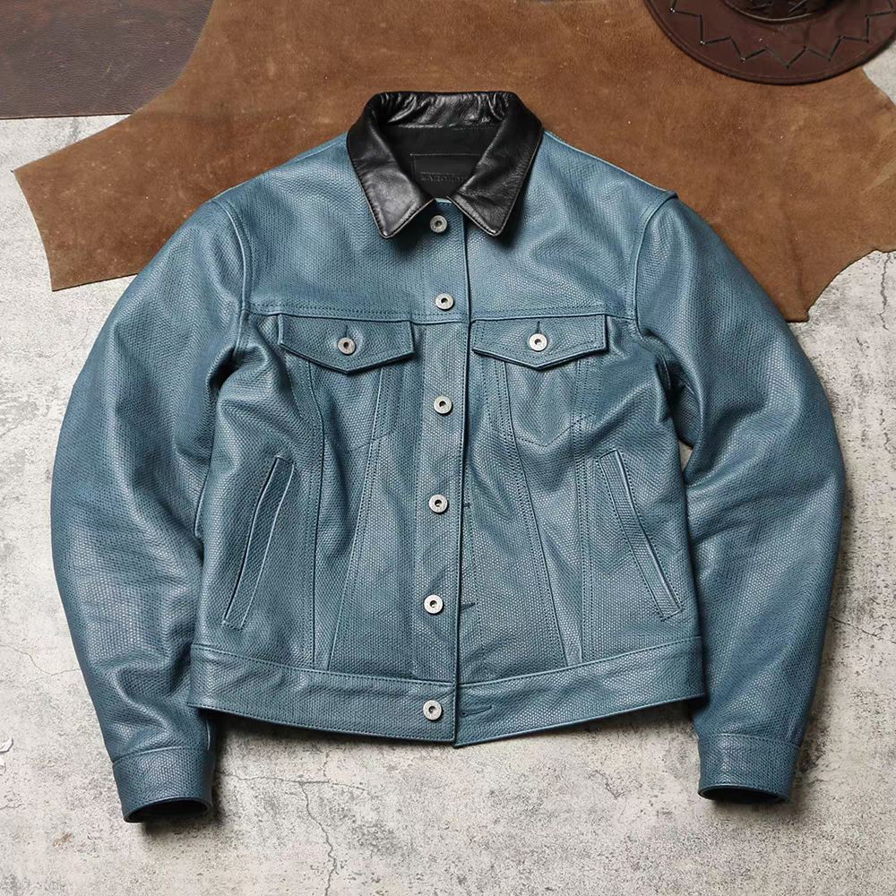 全 ♥ 507 デニム風 ワーク レザージャケット 超ショート タイト 本革ジャケット オックスフォード風エンボス ヘッドグレイン牛革コート K