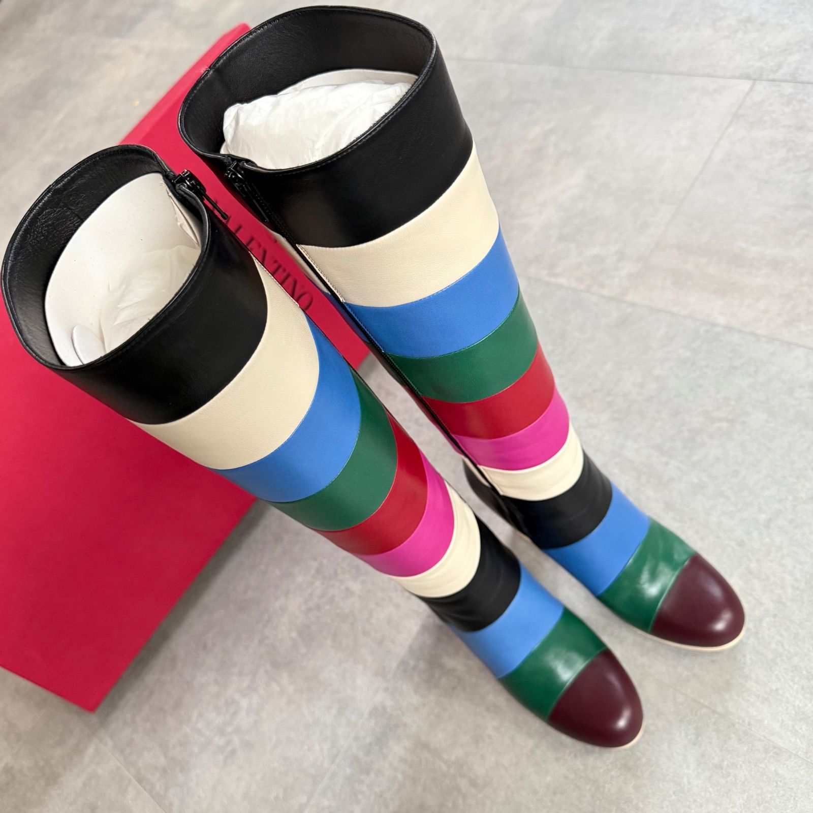 希少 VALENTINO GARAVANI レザー レインボー ロングブーツ マルチ