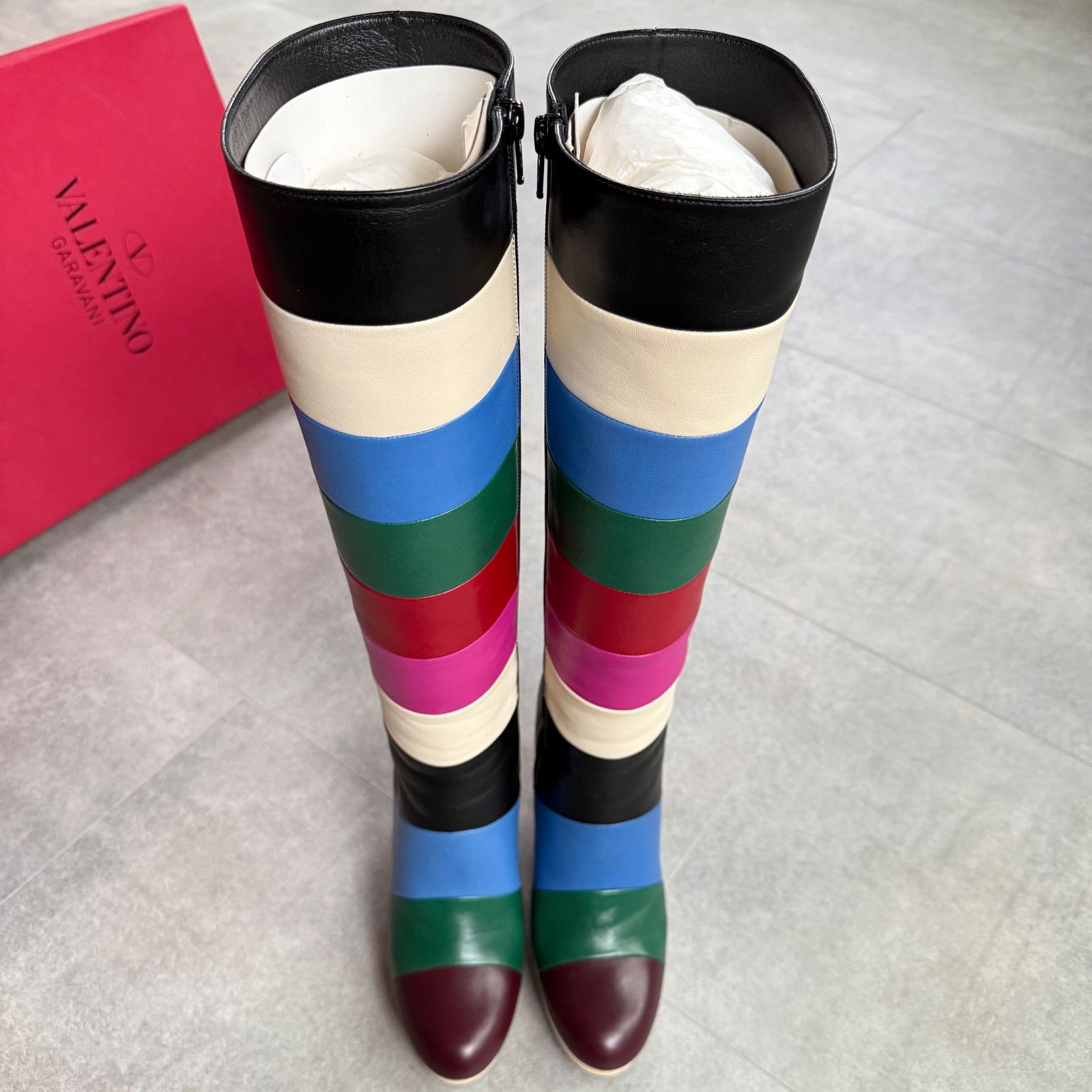 希少 VALENTINO GARAVANI レザー レインボー ロングブーツ マルチ