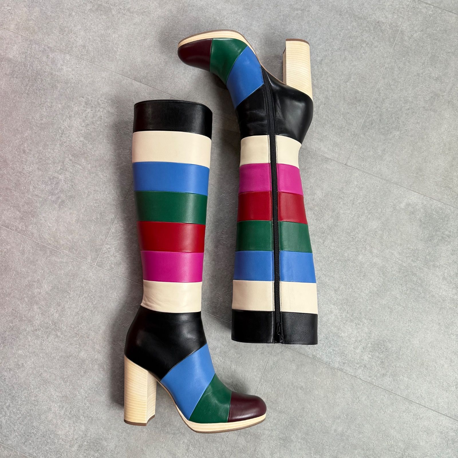 希少 VALENTINO GARAVANI レザー レインボー ロングブーツ マルチ