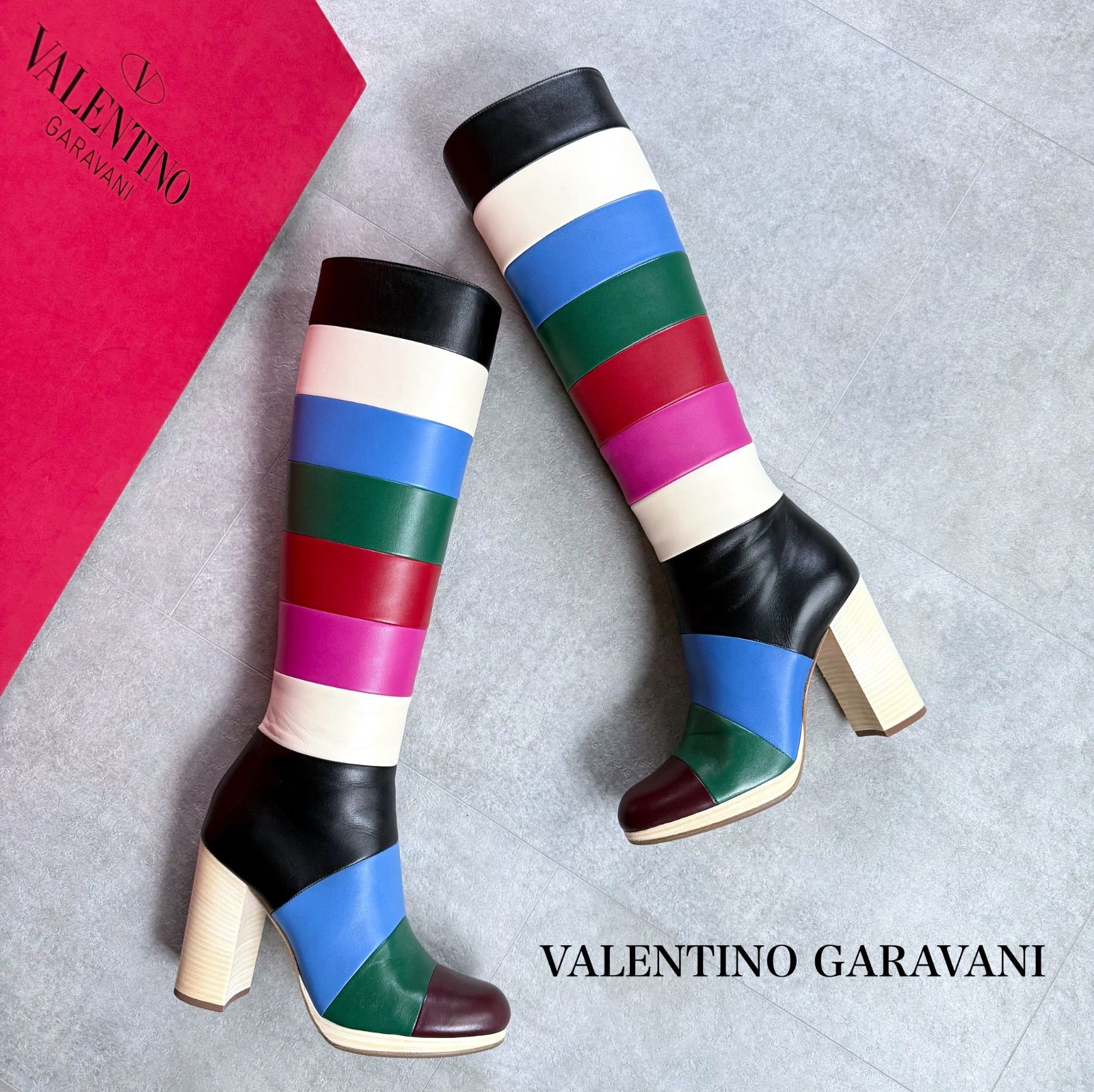 SALE♪【VALENTINO 】Vロゴラバー✖️カーフスキンレインロングブーツ 希少 VALENTINO GARAVANI レザー レインボー ロングブーツ マルチ