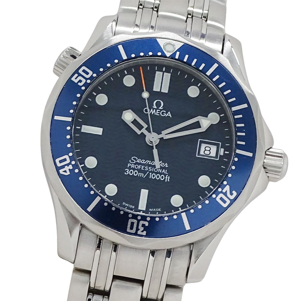 オメガ OMEGA シーマスター 2561.80 時計 ボーイズ ブランド プロフェッショナル 300 m デイト クオーツ QZ ステンレス SS シルバー ブルー 磨き済み