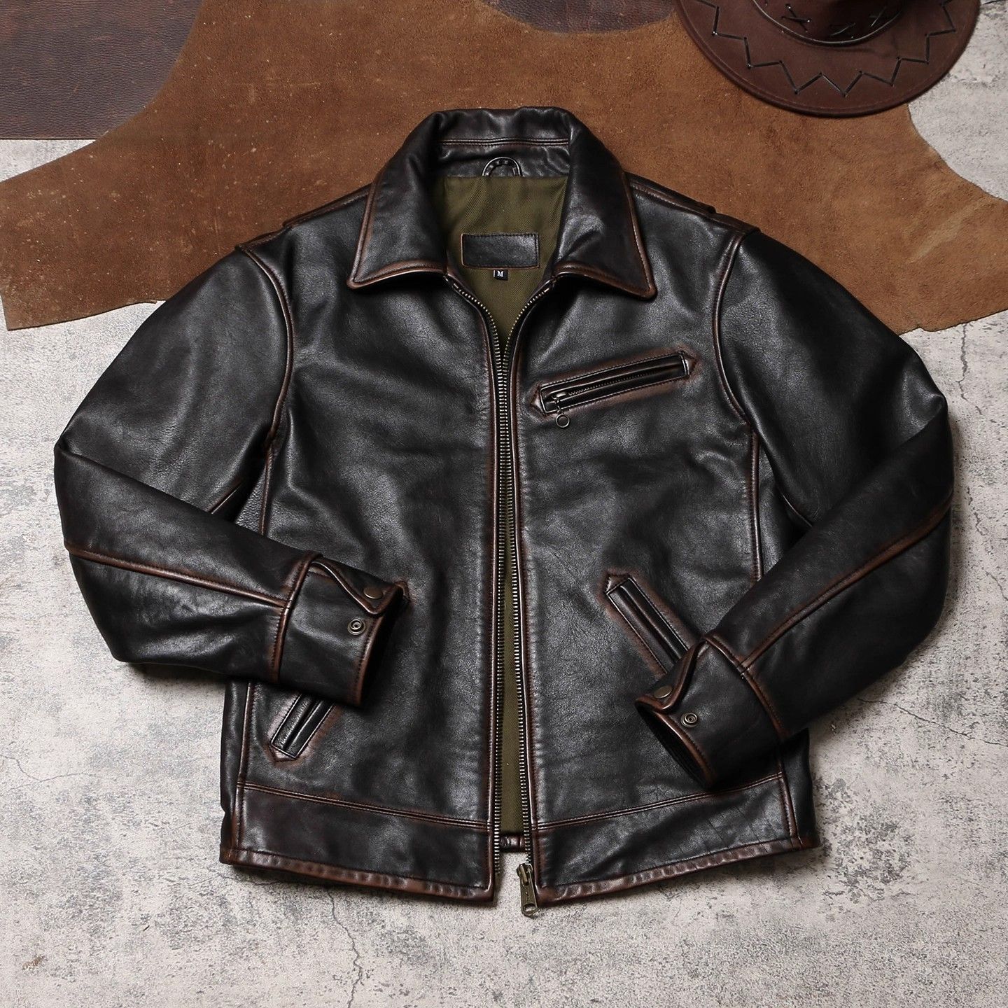 全 ヴィンテージ 天神 エイジドレザー ジャケット 植物タンニン鞣し茶芯牛革 テーラード メンズ ライダース 本革コート K