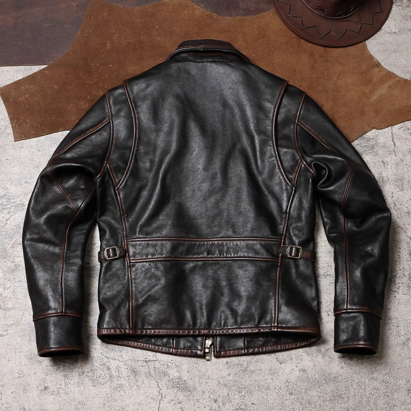 全 ♥ ヴィンテージ 天神 エイジドレザー ジャケット 植物タンニン鞣し茶芯牛革 テーラードカラー メンズ ライダース 本革コート K