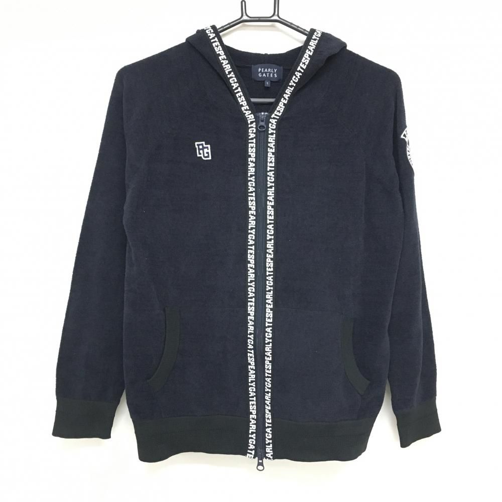 超 パーリーゲイツ ジップパーカー ネイビー×白 起毛 ジップ縁ロゴ レディース 1 M ゴルフウェア PEARLY GATES