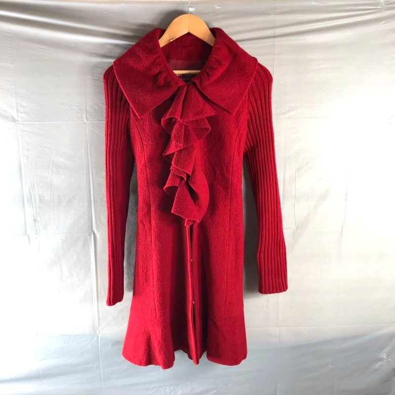 スーパービューティー super beauty コート ロング フリル 腰ひも 袖ニット生地 裏地付き 赤 736987