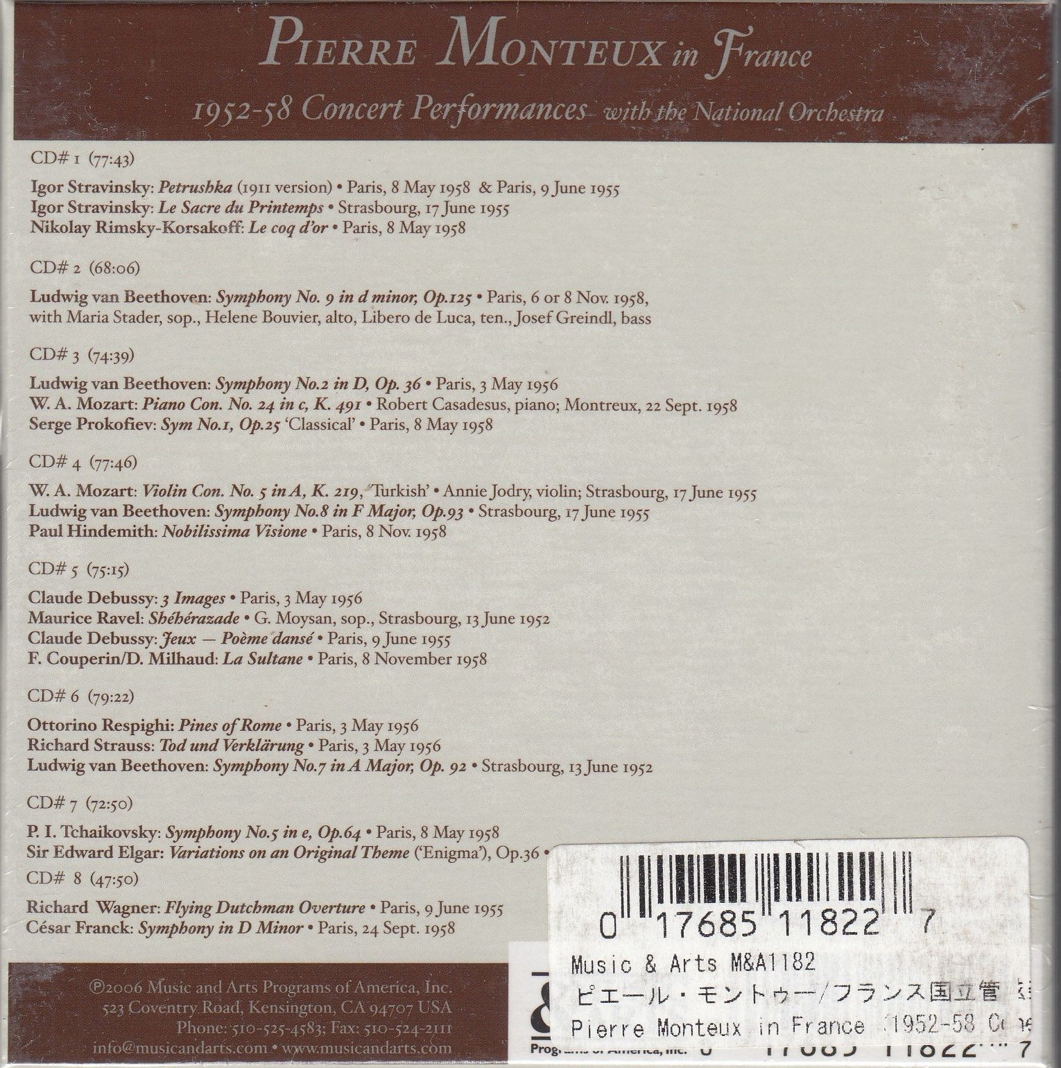 8 CD M A ストラヴィンスキー バレエ音楽 春の祭典 モーツァルト ヴァイオリン協奏曲第5番イ長調K 219他 アニー ジョドリー vn ピエール モントゥー フランス国立放送管弦楽団 1955 6 17他