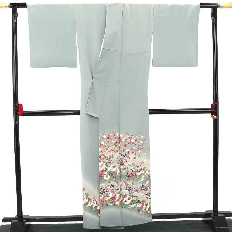 色留袖 留袖 一つ紋 木瓜 袷 レディース 正絹 薄水色 手描き 花鳥 梅 身丈161.5 cm 裄丈66 式典 お祝い Mサイズ相当