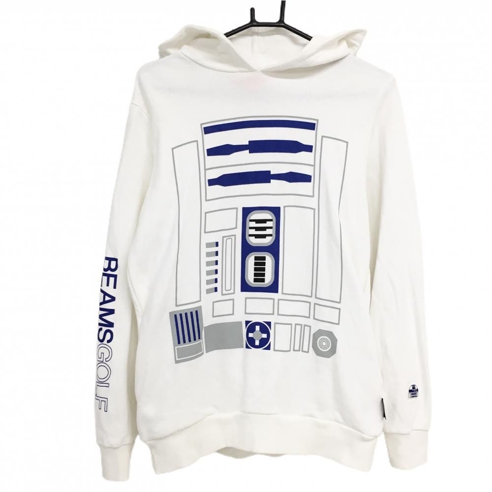 ビームスゴルフ パーカー 白 ブルー フロントプリント 袖ロゴ メンズ S ゴルフウェア BEAMS GOLF